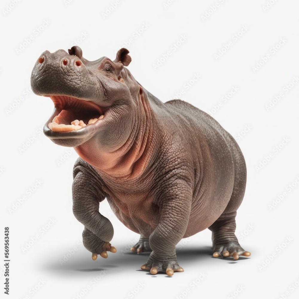 Detailed portrait illustration of a smiling happy hippopotamus laughing isolated on a white background, generative ai - obrazy, fototapety, plakaty 