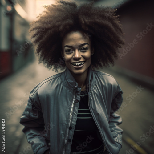 generative ai illustration fashion portrait of a black woman smiling posing on camera outdoor