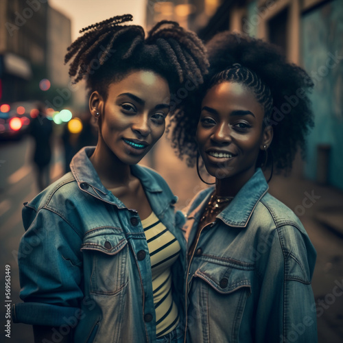 generative ai illustration fashion portrait of two black woman smiling posing on camera outdoor