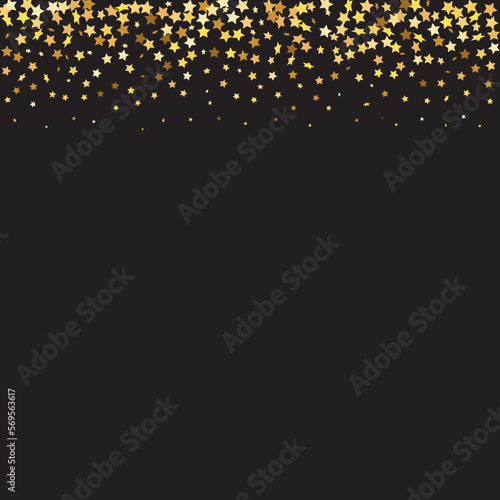 Star Sequin Confetti on Black Background. Vector Gold Glitter. Falling Particles on Floor. Voucher Gift Card Template. Christmas Party Frame. Isolated Flat Birthday Card. Golden Stars Banner.