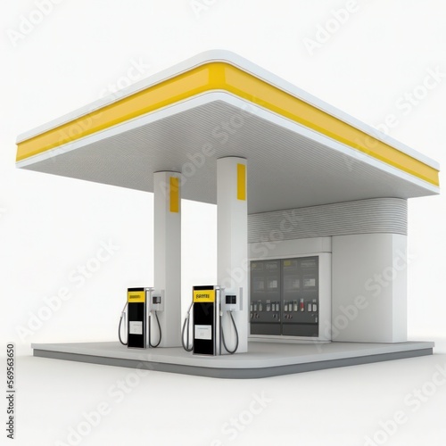 Detailed illustration of a modern gas station exterior with store kiosk and gas pumps, petrol filling station isolated on a white background, generative ai photo