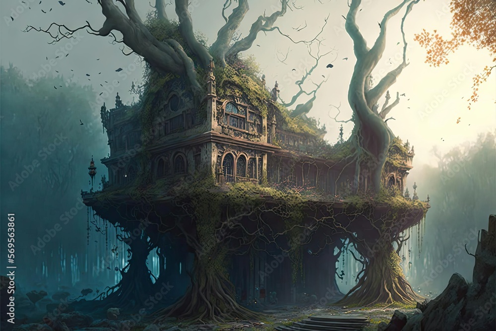 Obraz premium A Decaying City Within A Forest, Generative AI