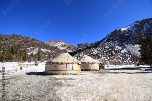 Kyrgyz yurt on a sunny winter day in the Tien Shan mountains.
