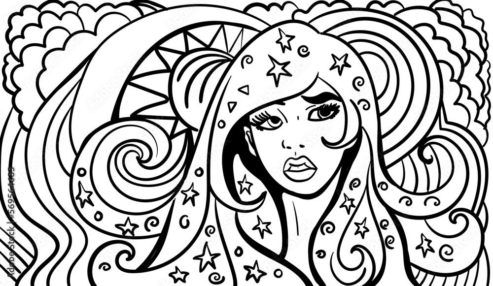 Black and white psychedelic line art with the abstract woman. Doodles and lines abstract hand-drawn vector art. Black and white psychedelic line art with the abstract woman. Doodles and lines abstract hand-drawn vector art.