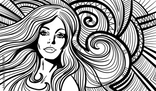 Black and white psychedelic line art with the abstract woman. Doodles and lines abstract hand-drawn vector art.