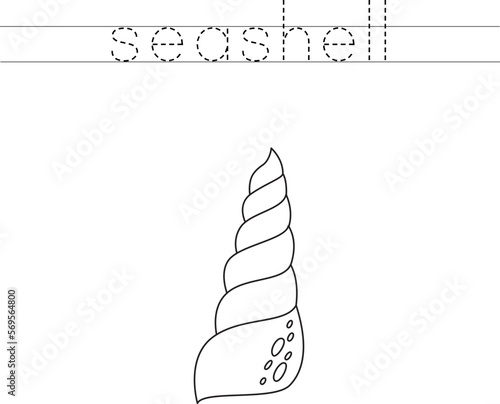 Trace the letters and color cartoon sea shell. Handwriting practice for kids.
