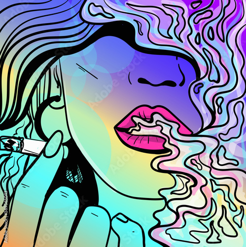 Colourful psychedelic line art with the abstract smoking woman. Cigarette illustration. Doodles and lines abstract hand-drawn vector art.