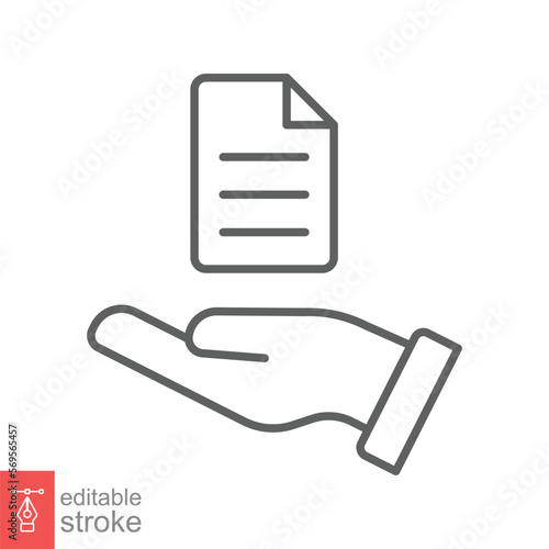 Document handover line icon. Simple outline style file symbol. Ownership, transfer, academy, business agreement concept. Vector illustration isolated on white background. Editable stroke EPS 10.