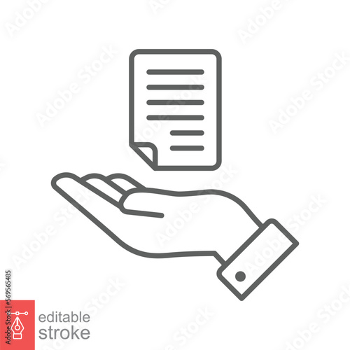 Document handover line icon. Simple outline style file symbol. Ownership, transfer, academy, business agreement concept. Vector illustration isolated on white background. Editable stroke EPS 10.