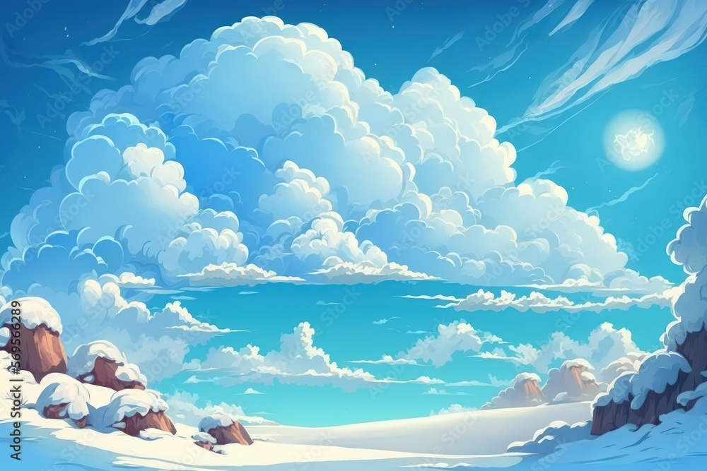 Blue sky with white clouds. Background of azure heaven and icy winter clouds. Generative AI