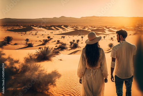 A couple of tourists walk at sunset over the sahara desert. Ai generated