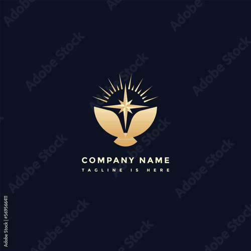 A unique and modern logo featuring a golden eagle spreading its wings and a compass symbol. Perfect for companies related to travel, navigation, adventure, or freedom (ID: 569566411)
