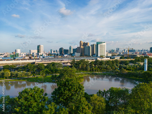 Aerial view city public park blue sky evening sunset Chatuchak park