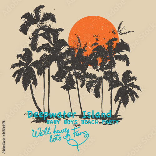 Vector illustration on the theme of surf and surfing in Hawaii.  Vintage design. Grunge background.  Typography, t-shirt graphics, poster, banner, flyer, print, postcard
