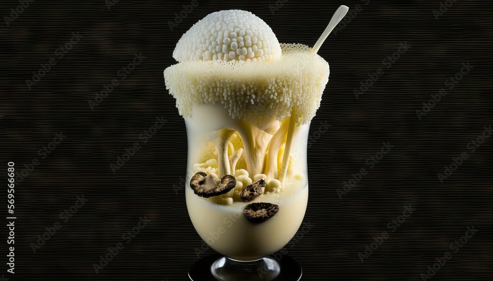  a glass filled with ice cream and toppings on top of a black tablecloth covered tablecloth with a black background and a black background. Generative AI