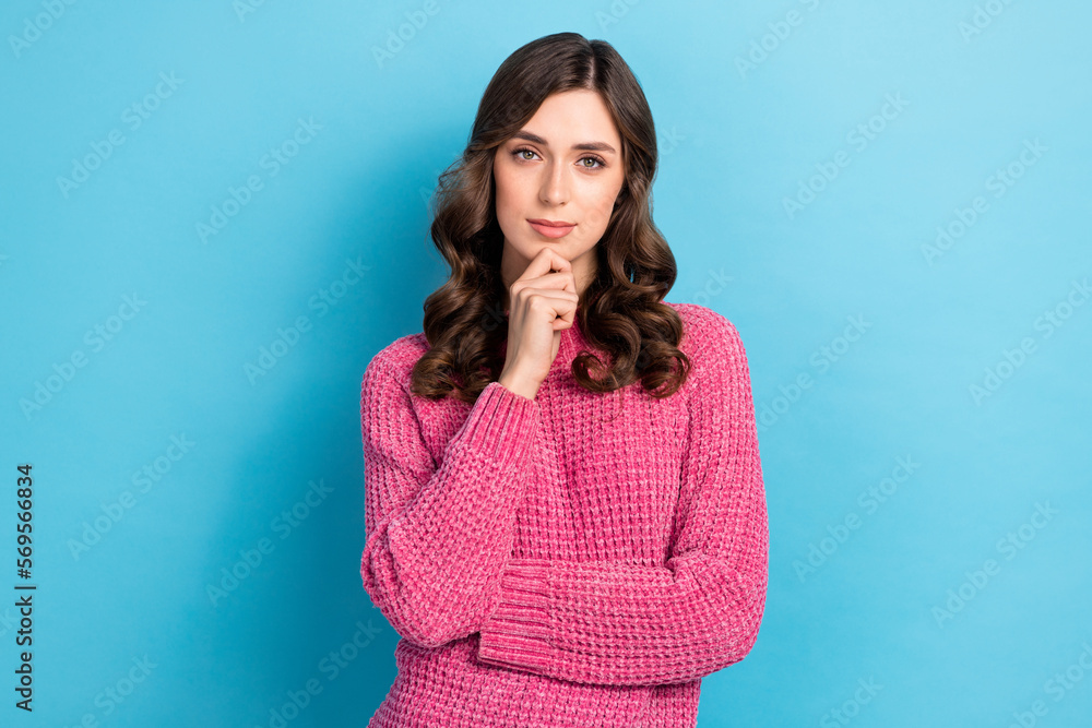Photo of adorable gorgeous lady dressed pink quality clothes thinking question solving task isolated on blue color background Photo of adorable gorgeous lady dressed pink quality clothes thinking question solving task isolated on blue color background