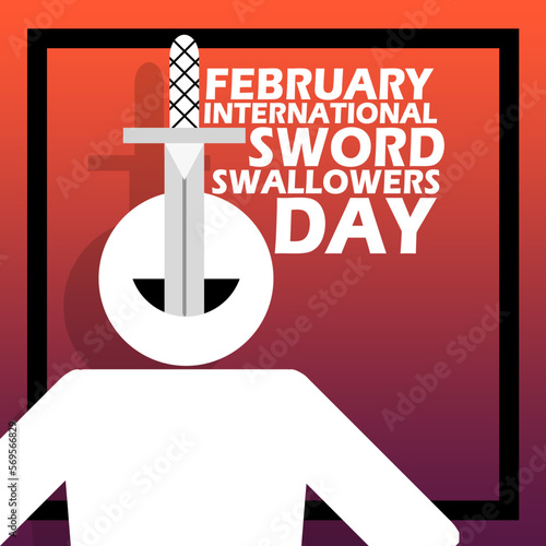Icon illustration of a person swallowing a sword and bold text with frame on gradient background to commemorate International Sword Swallowers Day on February 25