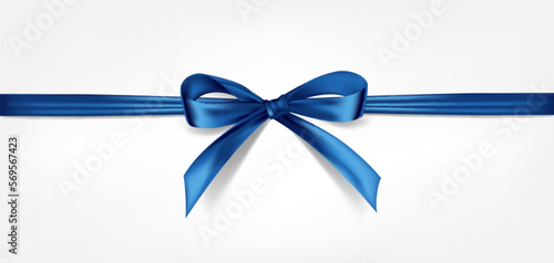 Satin decorative blue bow with horizontal ribbon isolated on white background. Vector blue bow and ribbon