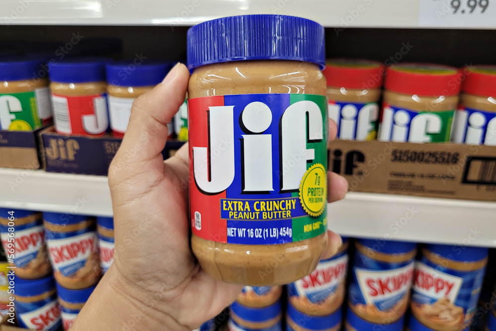 PENANG, MALAYSIA 27 JAN 2023 JIF brand peanut butter spread on store
