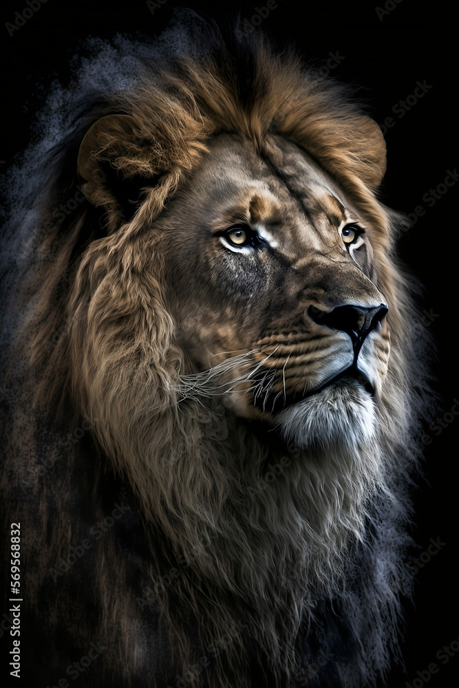 Dramatic portrait of a lion on a dark background, generative AI