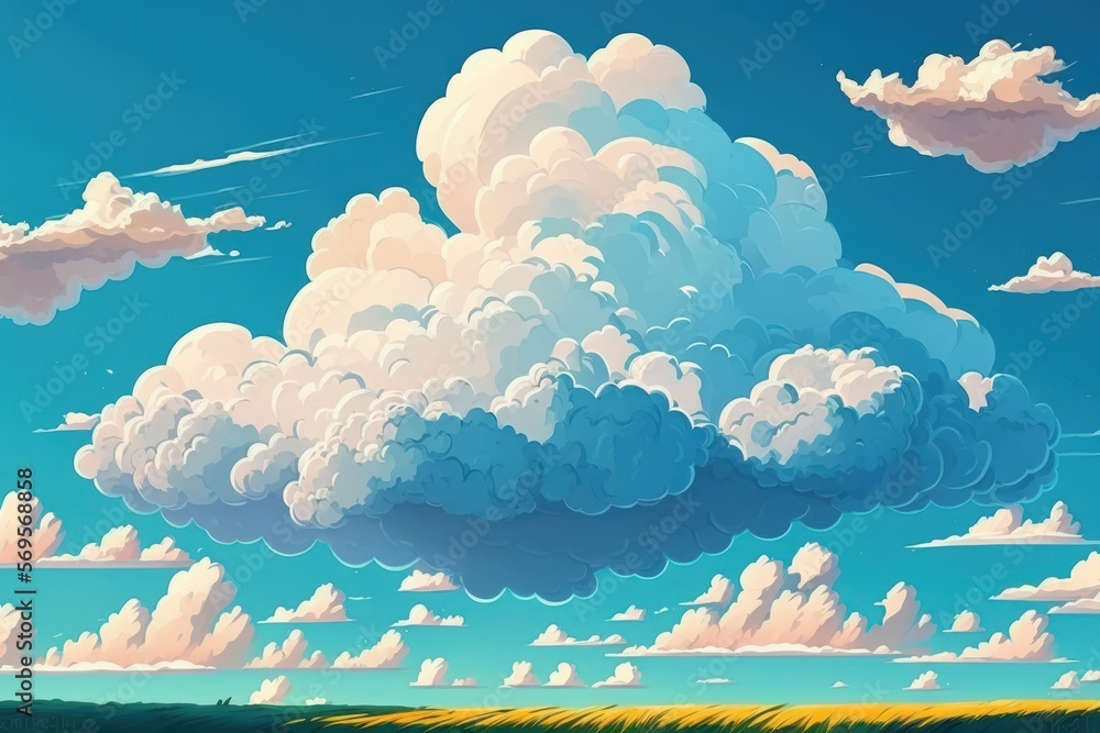 Beautiful puffy white cumulus clouds and fluffy cirrus cloudscape are  depicted on a natural sunny blue sky background on a bright daylight  horizon during a sunny and sunny day. Generative AI Stock