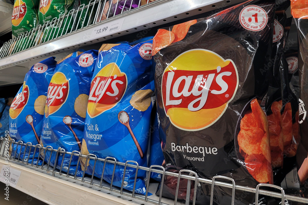 PENANG, MALAYSIA 27 JAN 2023 View various flavoured of lay's potato