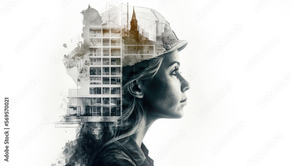 Double exposure female architect and building construction. Generative AI illustration. Double exposure female architect and building construction. Generative AI illustration.
