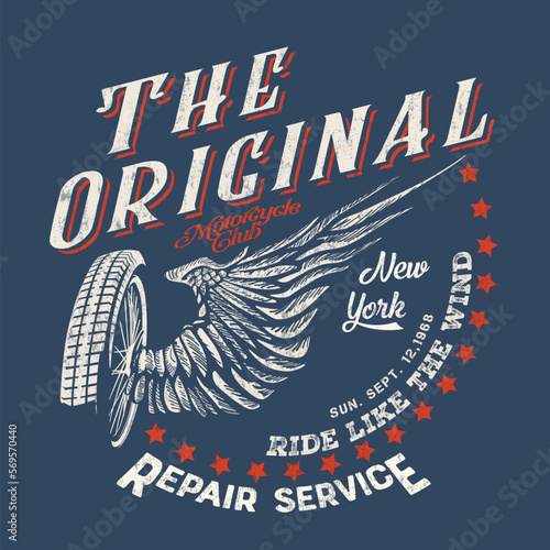 Wheel and wings in vintage style. Emblem, symbol, for t-shirt graphic, posters and other uses.