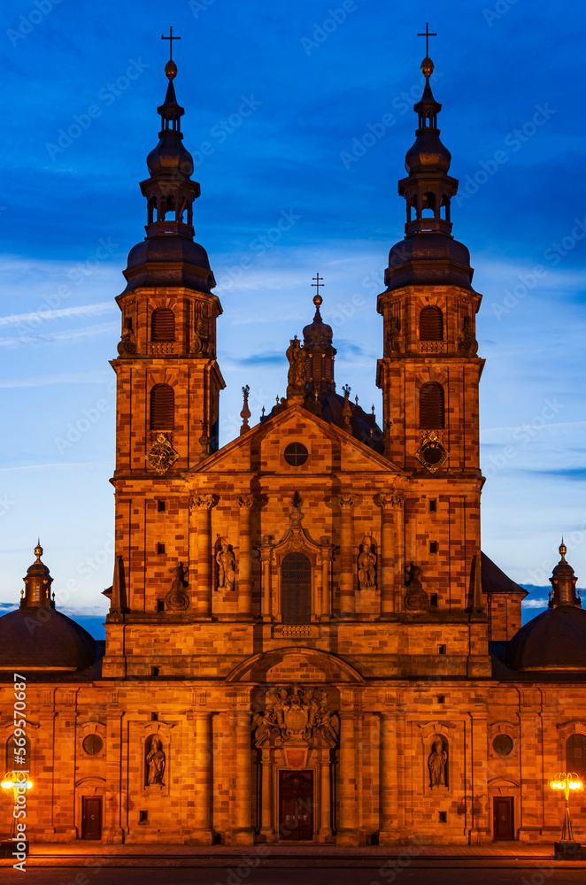 The landmark of the city of Fulda at nightfall, St. Salvator Cathedral, Fulda, Hesse, Germany, Europe.