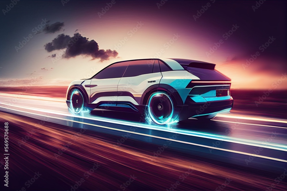 illustration of Electric SUV driving on the highway,generative ai content by Midjourney