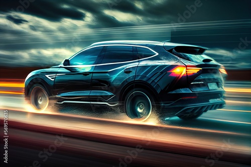 illustration of Electric SUV driving on the highway generative ai content by Midjourney