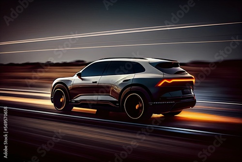 illustration of Electric SUV driving on the highway generative ai content by Midjourney