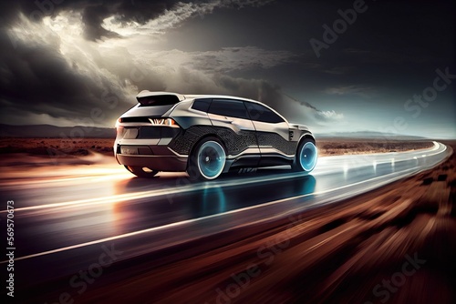 illustration of Electric SUV driving on the highway generative ai content by Midjourney