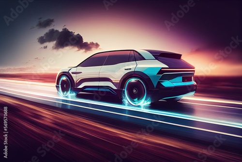 illustration of Electric SUV driving on the highway,generative ai content by Midjourney