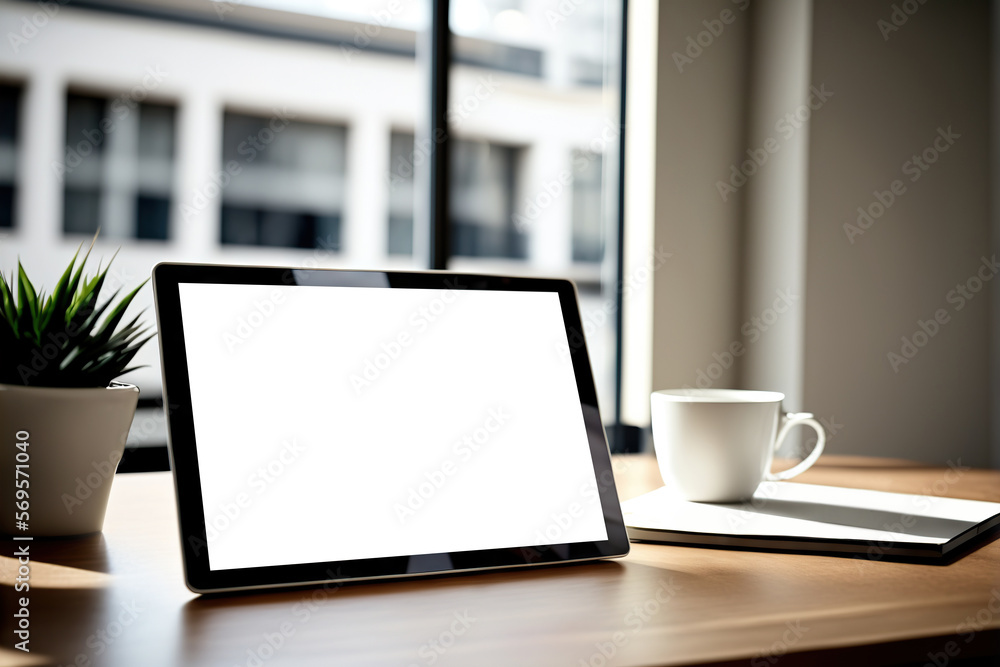 Tablet computer with cut out screen on blurred office background. Copy space. Based on Generative AI Tablet computer with cut out screen on blurred office background. Copy space. Based on Generative AI