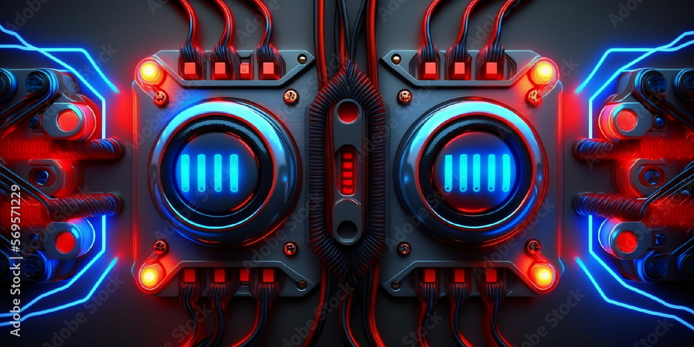 fond avec bouton et câbles électriques, abstrait, format panoramique, bleu et rouge - illustration IA