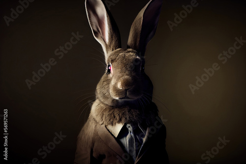 Portrait of a rabbit in elegant business suit outfit. Serious boss concept. Digitally generated AI image.