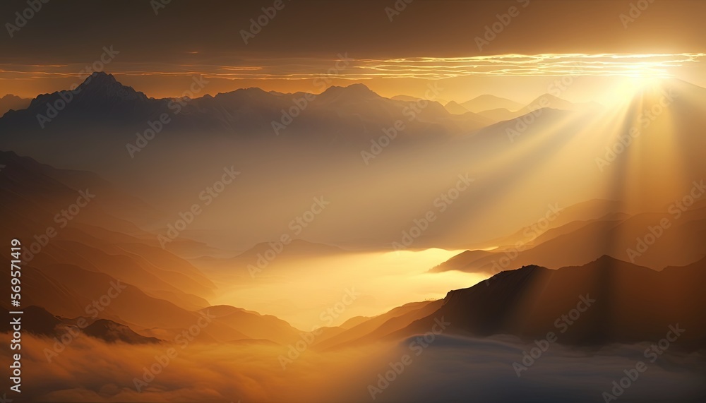  the sun is shining through the clouds over the mountain tops in the distance is a foggy valley with mountains in the foreground and a few clouds in the foreground. Generative AI