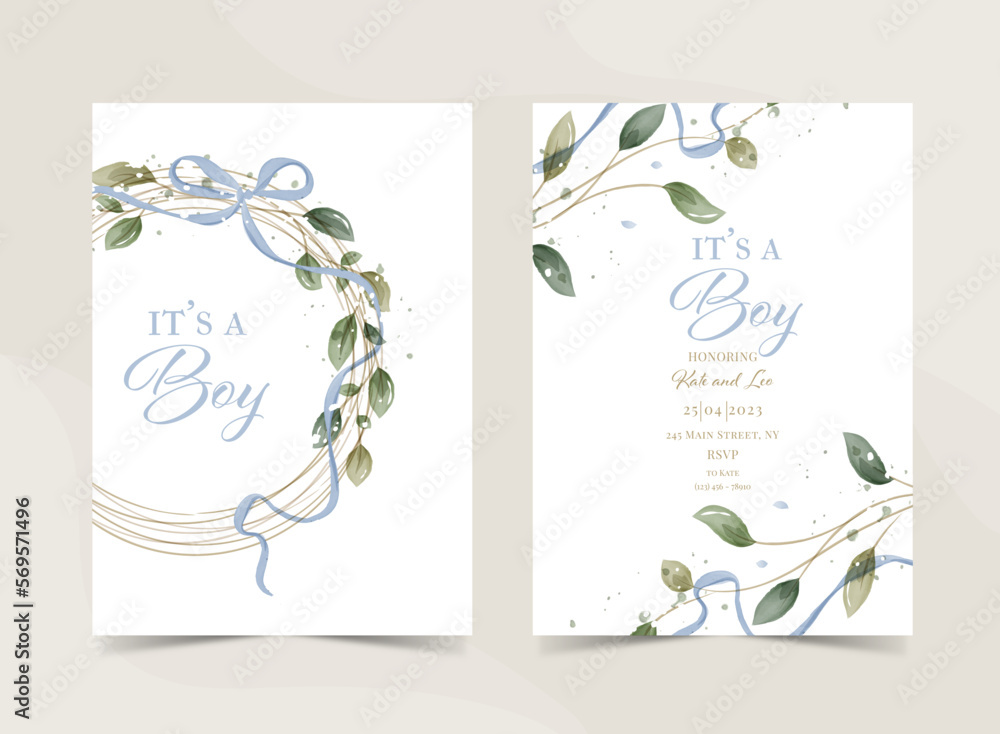 It`s a boy, baby shower announcement banner in rustic style, card - Gender reveal party - Vector illustration. Greenery Watercolor Floral template card design.
