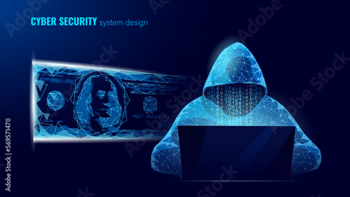 Anonymous hacker at the laptop computer Internet security. Cyber attack business concept low poly. Server polygonal point line design vector illustration