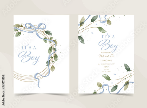 It`s a boy, baby shower announcement banner in rustic style, card - Gender reveal party - Vector illustration. Greenery Watercolor Floral template card design.

