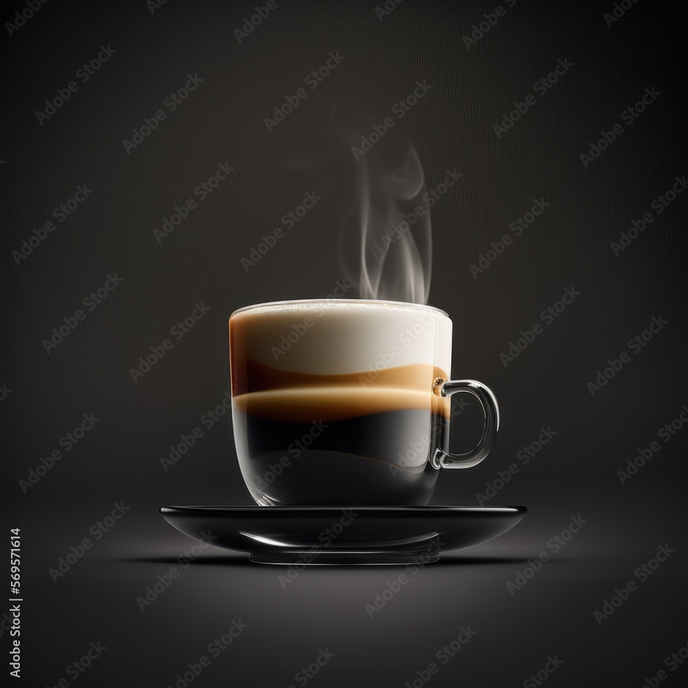Hot coffee in glass cup. The espresso is hot, macchiato with milk and short. Generative AI image. Hot coffee in glass cup. The espresso is hot, macchiato with milk and short. Generative AI image.