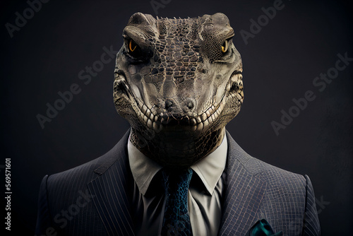 Portrait of a crocodile in elegant business suit outfit. Serious boss concept.   Digitally generated AI image.