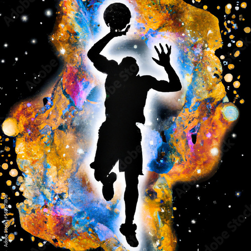 Basketball Player Silhouette at abstract cosmic background – Generative AI Abstract Illustration