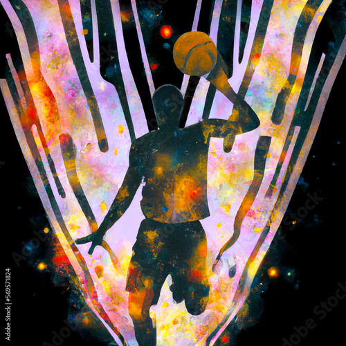 Basketball Player Silhouette at abstract cosmic background – Generative AI Abstract Illustration photo