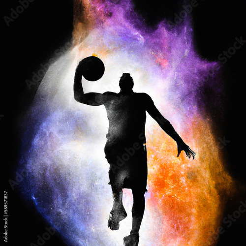 Basketball Player Silhouette at abstract cosmic background – Generative AI Abstract Illustration photo