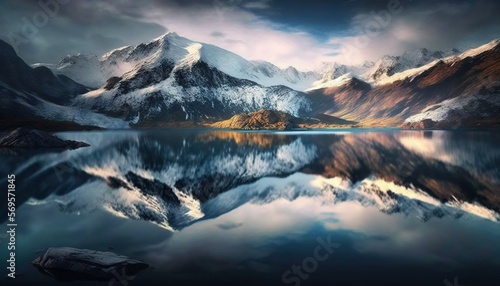  a mountain range is reflected in the still water of a lake at night with a cloudy sky and clouds reflected in the still water of the mountain range. Generative AI © Anna