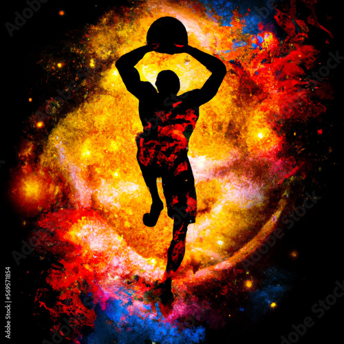 Basketball Player Silhouette at abstract cosmic background – Generative AI Abstract Illustration photo