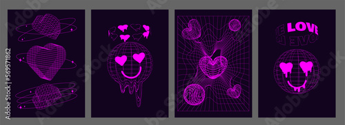 Geometry wireframe shapes and grids in neon pink color. 3D heart, abstract background, pattern, cyberpunk elements in trendy psychedelic rave style. 00s Y2k retro futuristic aesthetic. Love concept.