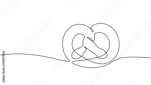 One line continuous pretzel bakery symbol concept. Silhouette bread salty German snack icon. Digital white single line sketch drawing vector illustration